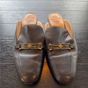 Tory Birch Black Leather Mules with gold logo size 9.5